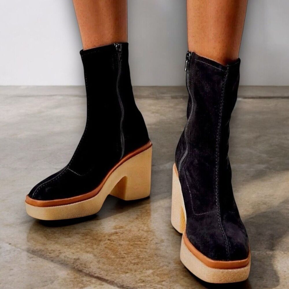 Free People Gigi Ankle Bootie 7 / 37.5 Black Suede Leather Square Toe Platform